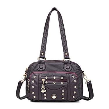 Imagem de Bolsas femininas femininas de couro macio de qualidade luxuosas pequenas femininas de ombro bolsas carteiro com rebite bolsa feminina(Purple)