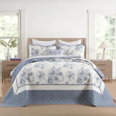 Imagem de FineStichery Colchas King extragrandes 325 x 304 cm, 100% algodão, floral, California King, colcha extragrande, conjunto de cama leve e acolchoado, 3 peças, azul/creme