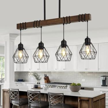 Imagem de CmnVmn Lustres De Cozinha De 4 Luzes Sobre A Mesa, Luminária Preta Estilo Fazenda Para Sala De Jantar, Luminárias Pendentes De Teto De Madeira Rústica Linear Com Abajur De Metal