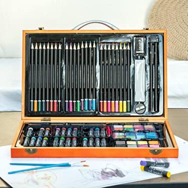 Imagem de MAHITOI Conjunto de caixa de madeira para estúdio de artistas de luxo com 80 peças – pintura artística, conjunto de desenho de esboço, 24 cores de tinta aquarela, 24 pastéis a óleo, 24 lápis de cor, 2