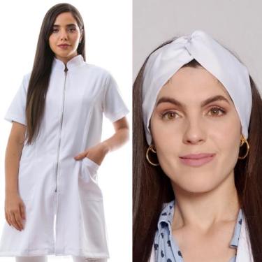 Imagem de Jaleco Feminino Manga Curta Ziper + Turbante Malta Branco - Gardenia J