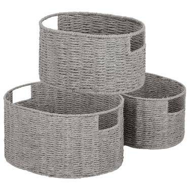 Imagem de Vagusicc Cesta De Vime Para Armazenamento, Conjunto 3 Cestas Tecidas À Mão Organização, Decoração Redonda Grande, Prateleiras Organizadoras Em Cubos Despensa, Cinza