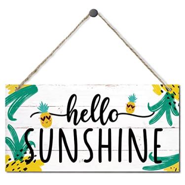 Imagem de EDCTO Placa Decorativa De Abacaxi Hello Sunshine, Decoração Madeira Para Pendurar Em Casa, Arte Parede Impressa, Rústica Boas-Vindas Fazenda, Porta Entrada Cozinha E Sala Jantar No Verão