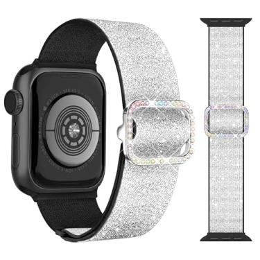 Imagem de G-ficu Pulseira elástica brilhante para Apple Watch feminina de 42 mm (S10/11) 41 mm, 40 mm e 38 mm, SE, séries 11, 10, 9, 8, 7, 6, 5, 4, 3, 3, de nylon elástico, elegante, linda pulseira para Apple