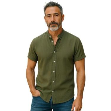 Imagem de Camisa Social Botão Manga Curta Masculina Gola Padre - Volgue, Verde m