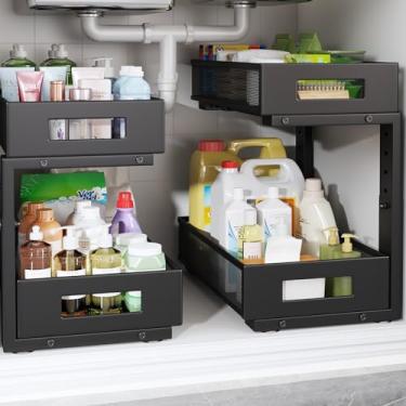Imagem de Pacote com 2 organizadores e armazenamento sob a pia, organizador de armário de 2 camadas de grande capacidade com trilhos de tubo atualizados, gavetas deslizantes de altura ajustável, prateleiras de