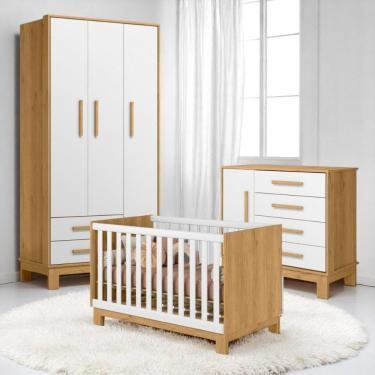 Imagem de Conjunto de Quarto Infantil Q Encanto Slim com 3 Portas 6 Gavetas MDP 94cm Branco Freijó Mobiliar Home Shop