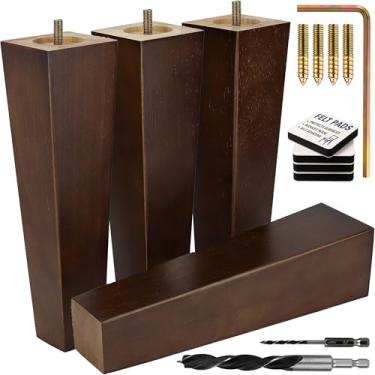 Imagem de Pernas quadradas marrons para móveis – pés de móveis para sofá, cadeira, sofá, cômoda, cama, armário, otomano – Pernas de madeira fáceis de instalar com ferragens e instruções de instalação incluídas - Conjunto de 4, 25 cm