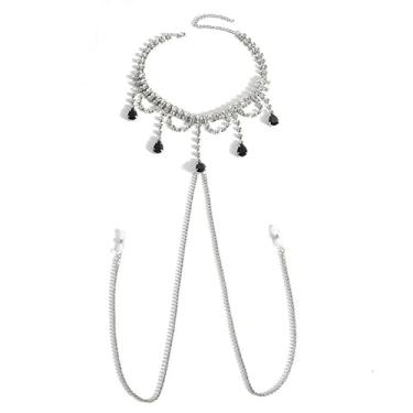 Imagem de Sutiã sexy corrente de mamilo preto gota d'água com pingente de strass colar gargantilha para mulheres, sem piercing ajustável, anel de mamilo falso, moda boate, biquíni, festival, festa rave