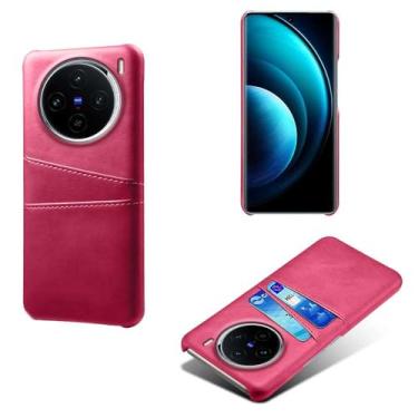 Imagem de Capas Compatível com VIVO X100,Caso de couro PU-Tampa de telefone a prova de choque com 2 slots de cartão,Proteção anti-impressão digital e anti-gota-Rose Red