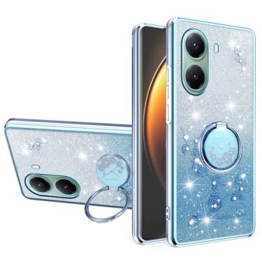 Imagem de MRRSIWEI Capa com glitter para Xiaomi Poco X7 Pro, capa luxuosa com flores brilhantes à prova de choque para mulheres e meninas com suporte de anel para Xiaomi Poco X7 Pro. Flores azuis