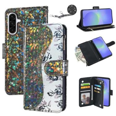 Imagem de Dibosom Capa carteira floral para Samsung Galaxy A16 5G/4G com alça de pulso alça de ombro flip zíper bolsa porta-cartão, capa de telefone de luxo PU com glitter brilhante para A 16 16A SM-A166U preta