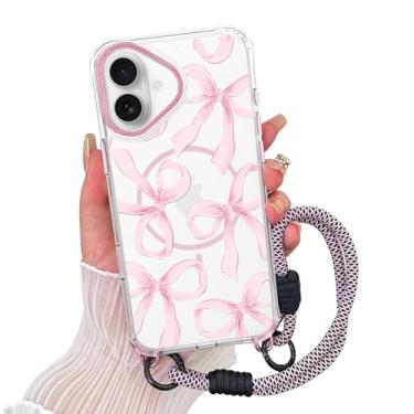 Imagem de AIGOMARA Capa magnética para iPhone 16 [compatível com MagSafe] Capa de telefone com padrão de laço de fita transparente com cordão de pulso, capa fina à prova de choque para meninas e mulheres, rosa