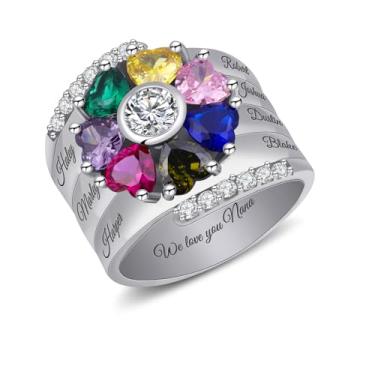 Imagem de AREH Prata esterlina personalizada 1-8 coração simulado pedra do mês de nascimento para mães, anéis de compromisso de noivado gravados com nomes, pedra preciosa, Zircônia cúbica