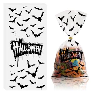 Imagem de hhdatc Pacote com 100 sacos de guloseimas de Halloween transparentes de 12,7 x 25,4 cm, sacos assustadores de celofane de abóbora e celofane com designs assustadores para lembrancinhas de festa e