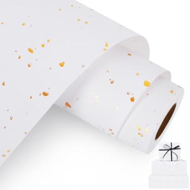 Imagem de Aimyoo Rolo de papel de embrulho branco - Mini rolo - 43 cm x 80 metros - Off White com design de folha de flocos dourados para Natal, casamento, aniversário, feriado, celebrações