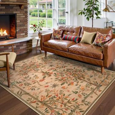 Imagem de Morebes Lavável à máquina, tapetes de área 12 x 18 cm para sala de estar, tapete floral boho para sala de estar, sala de estar, escritório, sala de jogos, hall de entrada, marrom