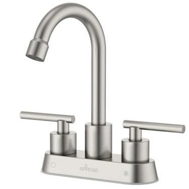 Imagem de APPASO Torneira de pia de barra central de 10 cm, níquel escovado de 2 furos com alças duplas, torneira de banheiro com 2 alças pequena, aço inoxidável para bar molhado banheiro utilitário lavatório