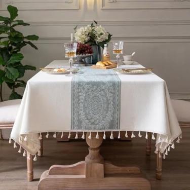 Imagem de KAIJIE Toalha de mesa retangular de primavera verão estampa quadriculada estilo nórdico toalha de mesa de algodão e linho para refeições tapete de mesa com borlas 39 x 63"/100 x 160 cm