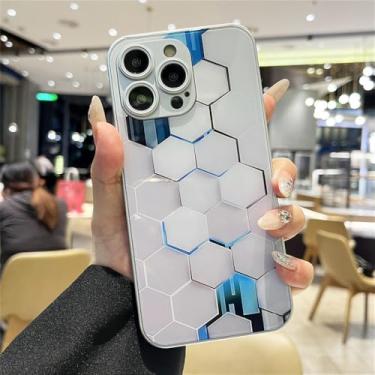 Imagem de Capa traseira de vidro com padrão colmeia e pintura metálica para iPhone 15, 14, 13, 12, 11 Pro Max Plus, proteção para lente de câmera, branca, para iPhone 15 Plus