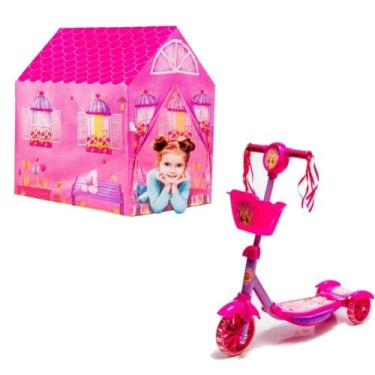 Imagem de Kit Patinete Infantil Cesta Rosa Belinda C/ Barraca Princesa - DM Toys