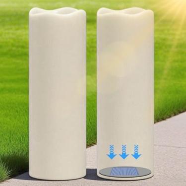 Imagem de Eldnacele Grandes velas cintilantes solares sem chamas ao ar livre, à prova d'água, energia solar do crepúsculo ao amanhecer, velas de pilar de LED de plástico branco, lanternas de acampamento de
