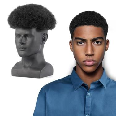 Imagem de NATCENSE Peruca afro para homens negros, peruca de cabelo humano para homens afro-americanos, unidade de cabelo preto natural, sistema de cabelo masculino (1B #-4 mm, 8 x 25.4 cm)