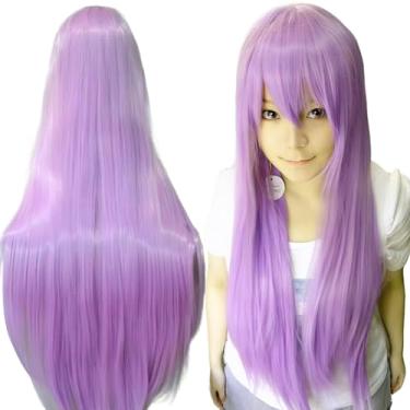 Imagem de IMISSU Perucas de cosplay de cabelo natural longo e reto com franja colorida fantasia de Halloween peruca de festa para menina (Roxo brilhante)