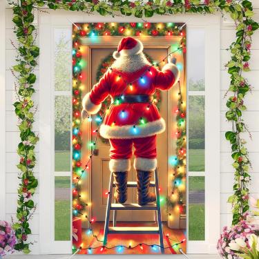 Imagem de BlissYard Luzes suspensas de Papai Noel, faixa para porta de Feliz Natal, 89 x 189 cm, decoração de porta da frente com cena festiva de guirlanda para exibição de varanda de parede de boas-vindas no