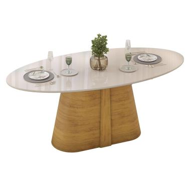 Imagem de Mesa p/ Cozinha Ryze c/ Tampo Madeirado c/ Vidro Oval 218x108cm Cedro/Off White - DJ Mó...