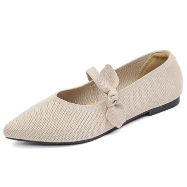 Imagem de AHZEHRSE Sapatilhas femininas Mary Jane de malha de balé para mulheres, bico fino, confortável, com laço, dobrável, elegante, sem cadarço, sapatos casuais de escritório, Bege, 37