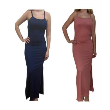 Imagem de KIT C/2 Vestidos Longo Canelado com Fenda - Emporio J, Marinho, Rose, 