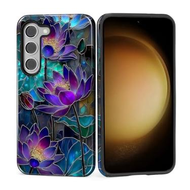 Imagem de MQJCYB Capa para Samsung Galaxy S23, híbrida, resistente, 2 em 1, de corpo inteiro, resistente à prova de choque, capa brilhante para Samsung Galaxy S23 Mystic Lotus Vitral