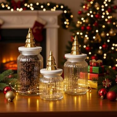 Imagem de Mimorou Conjunto de 3 potes de vidro de Natal com tampas 1,247 g 935,5 g 623,7 g potes de doces herméticos de vidro de Natal recipientes de armazenamento de alimentos para festa de Natal, biscoitos