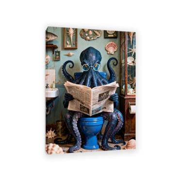 Imagem de Arte de parede de banheiro engraçada emoldurada polvo azul lendo jornal impressões de pintura em tela animal sentado banheiro lendo fotos de livros para decoração de parede de banheiro 100 x 70 cm