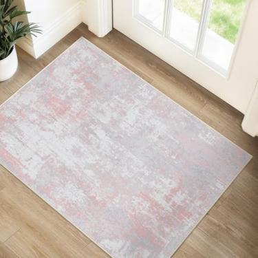 Imagem de RELEANY Tapetes laváveis de 6 x 7 cm antiderrapantes modernos abstratos macios para sala de estar, entrada, quarto, berçário, estampa estampada, cinza e rosa