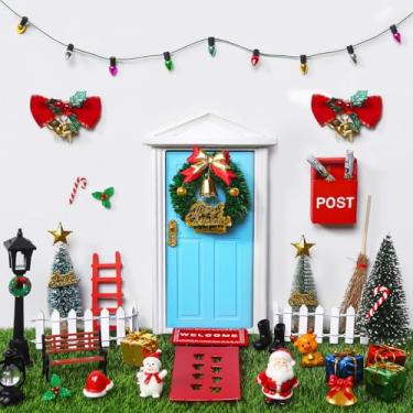 Imagem de Celltestria Conjunto de 39 peças de decoração de porta de elfo de Natal azul figuras em miniatura portas de madeira Papai Noel kit de boneco de neve para mini acessórios de casa de boneca, decoração