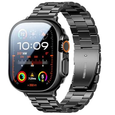 Imagem de Bekomo Compatível com Apple Watch Band 44 mm, 45 mm, 42 mm, 40 mm, 38 mm, 41 mm, aço inoxidável, metal, GG, pulseiras grandes para iWatch com 2 unidades, pacote com 2 capas de tela de vidro temperado para homens e mulheres pretas