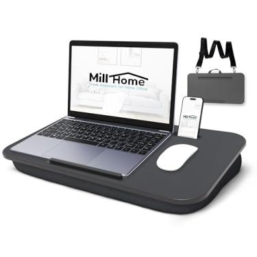Imagem de Millhome Mesa de colo | Mesa portátil para laptop – serve para laptops de até 17,3 polegadas – almofada lavável, alça ajustável, suporte de telefone – ideal para viagens curtas ou escrever, trabalhar
