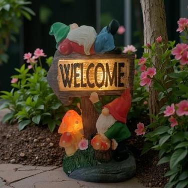Imagem de Decoração de jardim de gnomo com luzes solares, placa de boas-vindas de gnomos, presentes de jardinagem à prova d'água para mulheres, mãe, decoração de casa com ampla de boas-vindas para varanda de