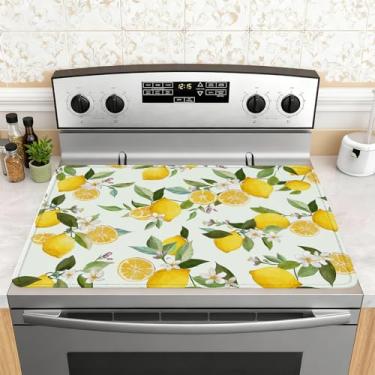 Imagem de Tampa superior de fogão de frutas de limão para fogão elétrico 71 x 50 cm, capa superior de fogão de cerâmica limão, capa de fogão de vidro resistente ao calor, protetor de fogão plano para trailer