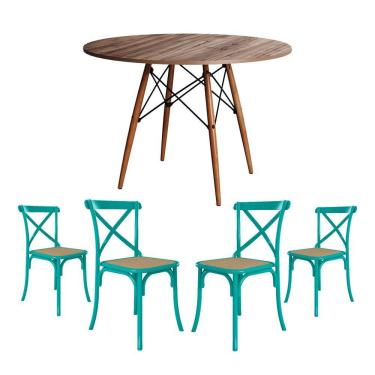 Imagem de Conjunto De Mesa Eiffel Redondo Tampo De Madeira 90Cm Amêndoa Com 4 Cadeiras Katrina Azul Turquesa
