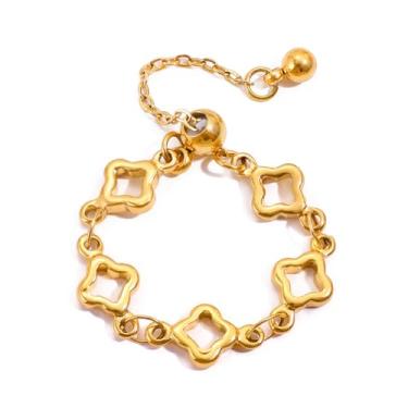 Imagem de Anel de corrente oco de quatro folhas, anel pendurado de aço inoxidável, flor minúscula, floral, ajustável, empilhável, anel de dedo para aniversário de casamento, aliança de compromisso, moda, joias