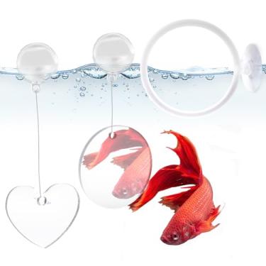 Imagem de Conjunto de anel de exercício de peixe Betta e espelho Betta, pacote com 3 espelhos decorativos de aquário adequado para aquário de peixes, aquário, brinquedos de enriquecimento de anel Betta, branco
