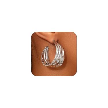 Imagem de Brincos de argola de ouro martelado delicados para mulheres, brincos de prata grossos, largos, círculos, pendentes, modernos, espessos, exagerados, acessórios de joias redondas, Large, Zinco, Sem