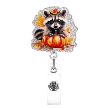 Imagem de Carretel retrátil para crachá de outono guaxinim abóbora bonito outono engraçado suporte de crachá de identificação com design de glitter acessórios de acrílico giratório 360° clipe de jacaré para