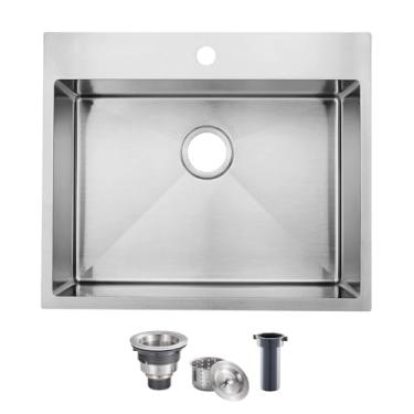 Imagem de UFaucet Pia de cozinha de 63 cm, barra de aço inoxidável, 63 x 55 cm, tigela única, tigela única, utilitário de lavanderia para trailer, preparação úmida ao ar livre, pia pequena com ralo