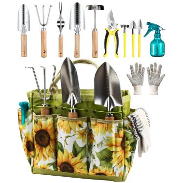 Imagem de Conjunto de ferramentas de jardim, 12 peças de ferramentas de jardinagem ergonômicas e confortáveis, alça e suporte pesado para o transplante de enxada, transplantador de arandelas Weeder Profissional Pruner Spray Kit de corda com bolsa organizadora para crianças, mulheres, homens e mulheres