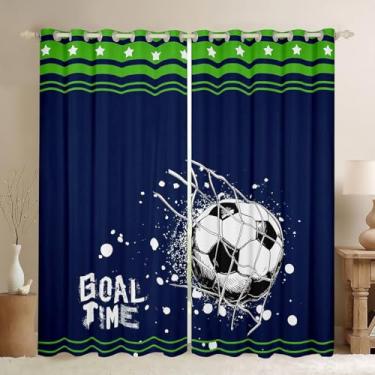 Imagem de Cortinas blackout de 30% a 50% de futebol para meninos, cortinas de janela de jogos esportivos, 2 conjuntos de painéis 96 x 111 cm, decoração de sala de estar listrada, azul escuro e verde (Seattle)