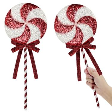 Imagem de 2 peças de decorações de Natal jumbo de lantejoulas doces e hortelã-pimenta, enfeites de pirulito, enfeites de pirulito, arcos amarrados, sprays de Natal, doces, artesanato, decoração de casa, 19 cm x